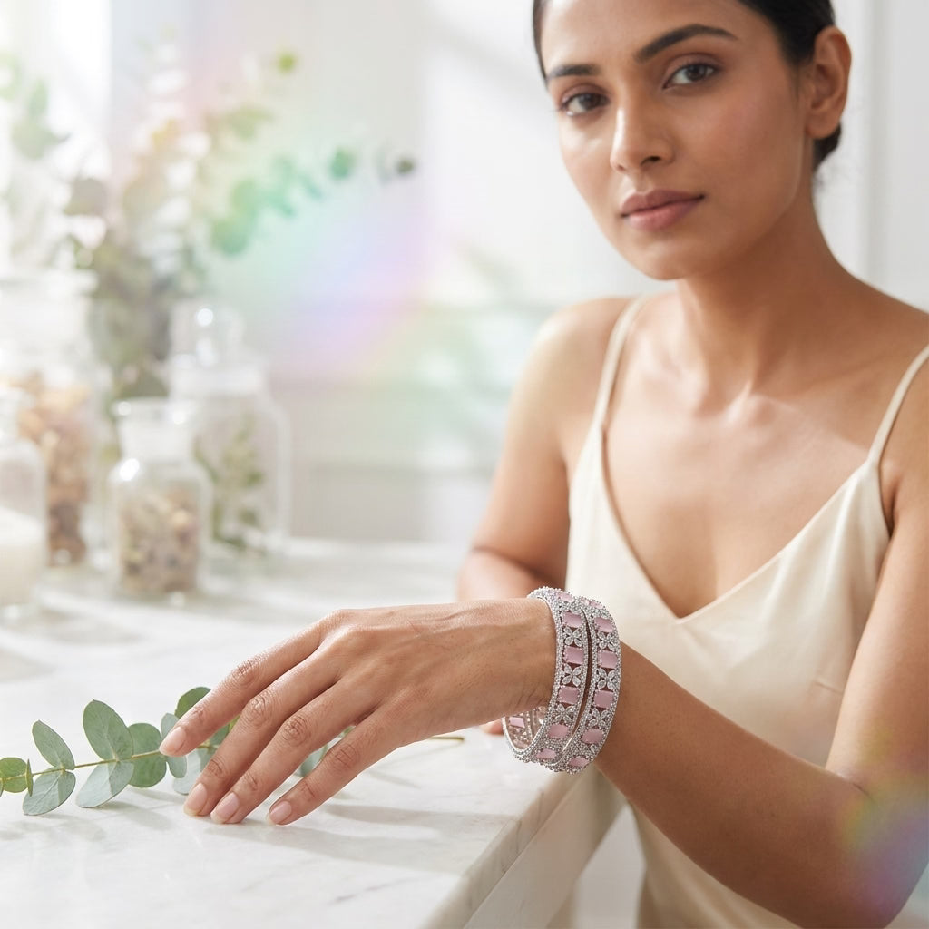 Silver Plated Pink Cat Eye American Diamond Designer Bangles Set for Women, Set of 2