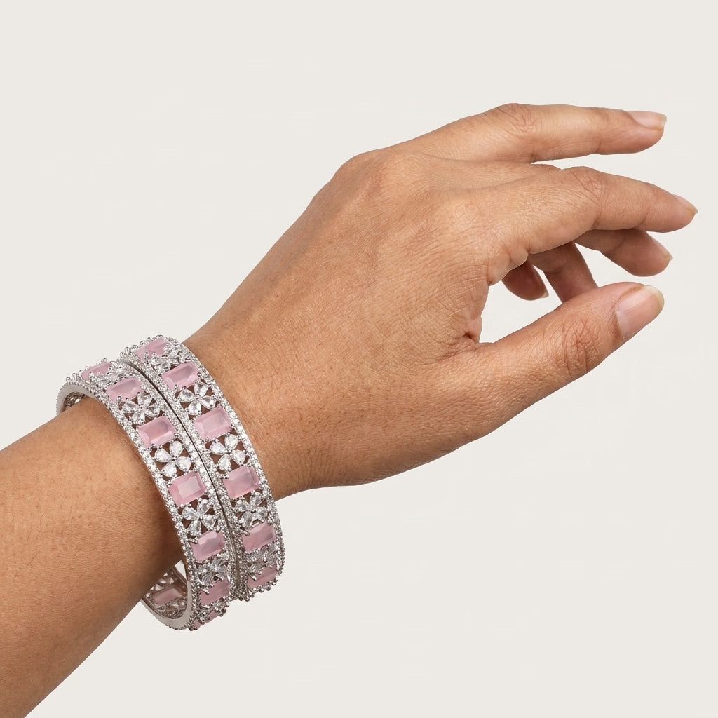 Silver Plated Pink Cat Eye American Diamond Designer Bangles Set for Women, Set of 2
