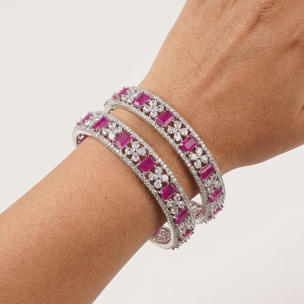 Silver Plated Ruby Pink American Diamond Floral Designer Bangles Set for Women
