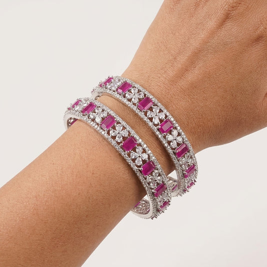 Silver Plated Ruby Pink American Diamond Floral Designer Bangles Set for Women