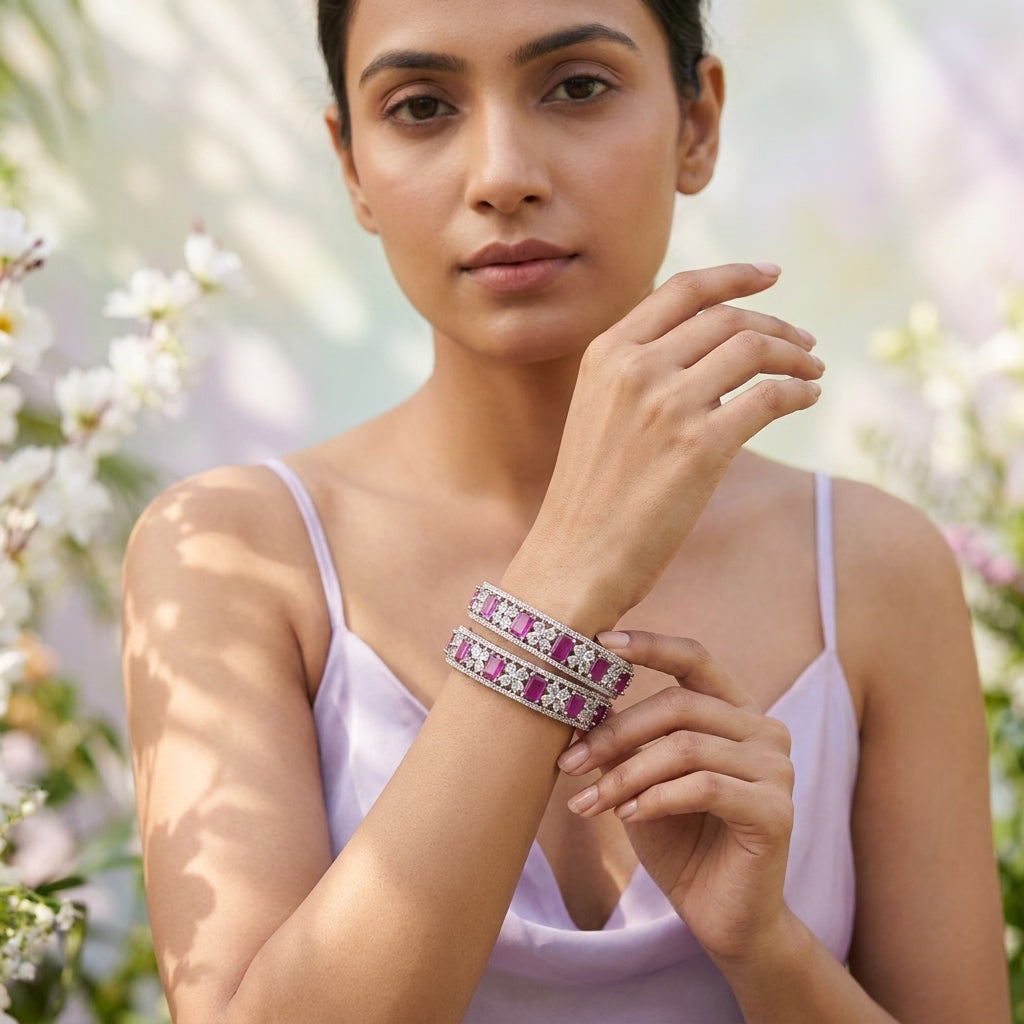 Silver Plated Ruby Pink American Diamond Floral Designer Bangles Set for Women
