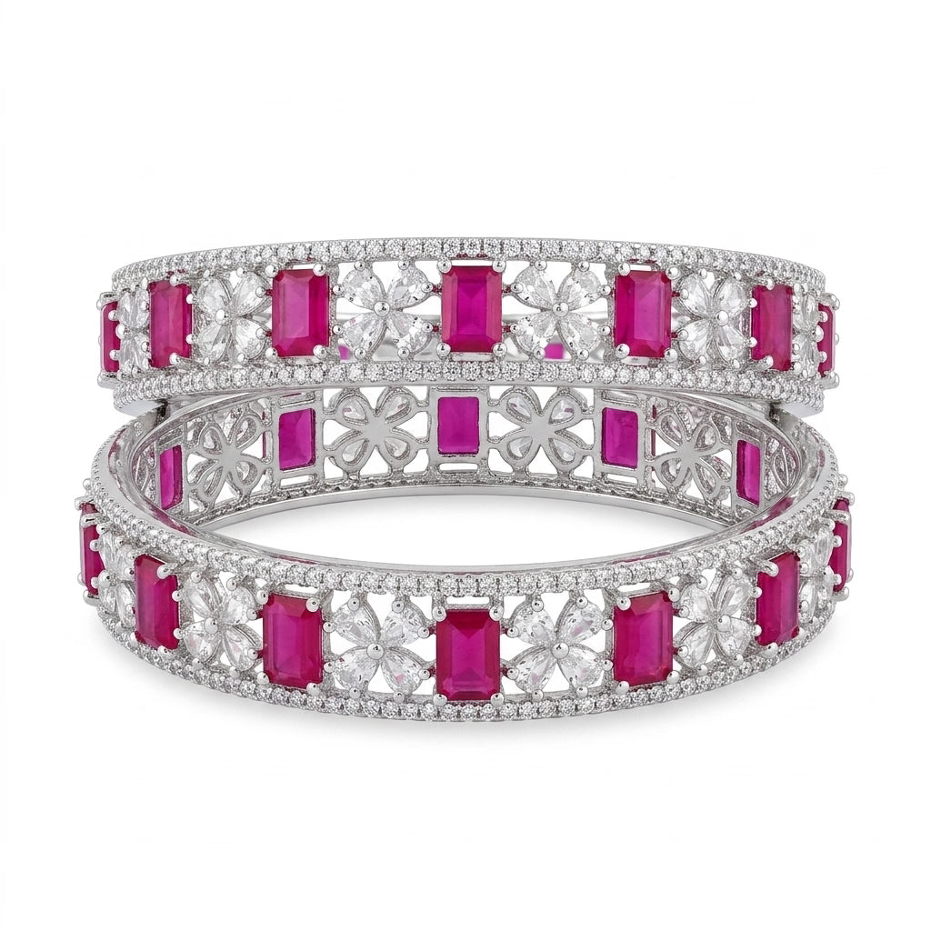 Silver Plated Ruby Pink American Diamond Floral Designer Bangles Set for Women
