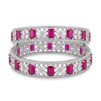 Silver Plated Ruby Pink American Diamond Floral Designer Bangles Set for Women