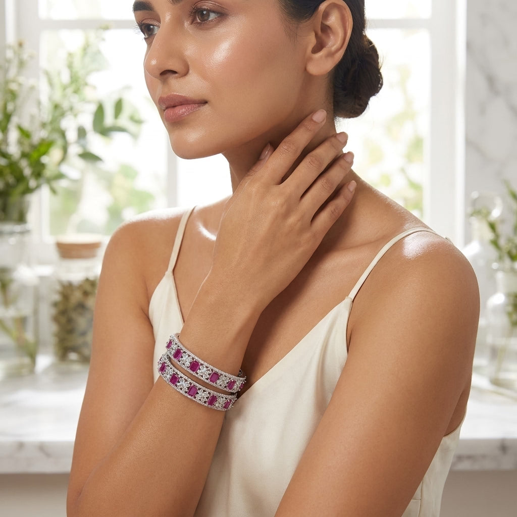 Silver Plated Ruby Pink American Diamond Floral Designer Bangles Set for Women
