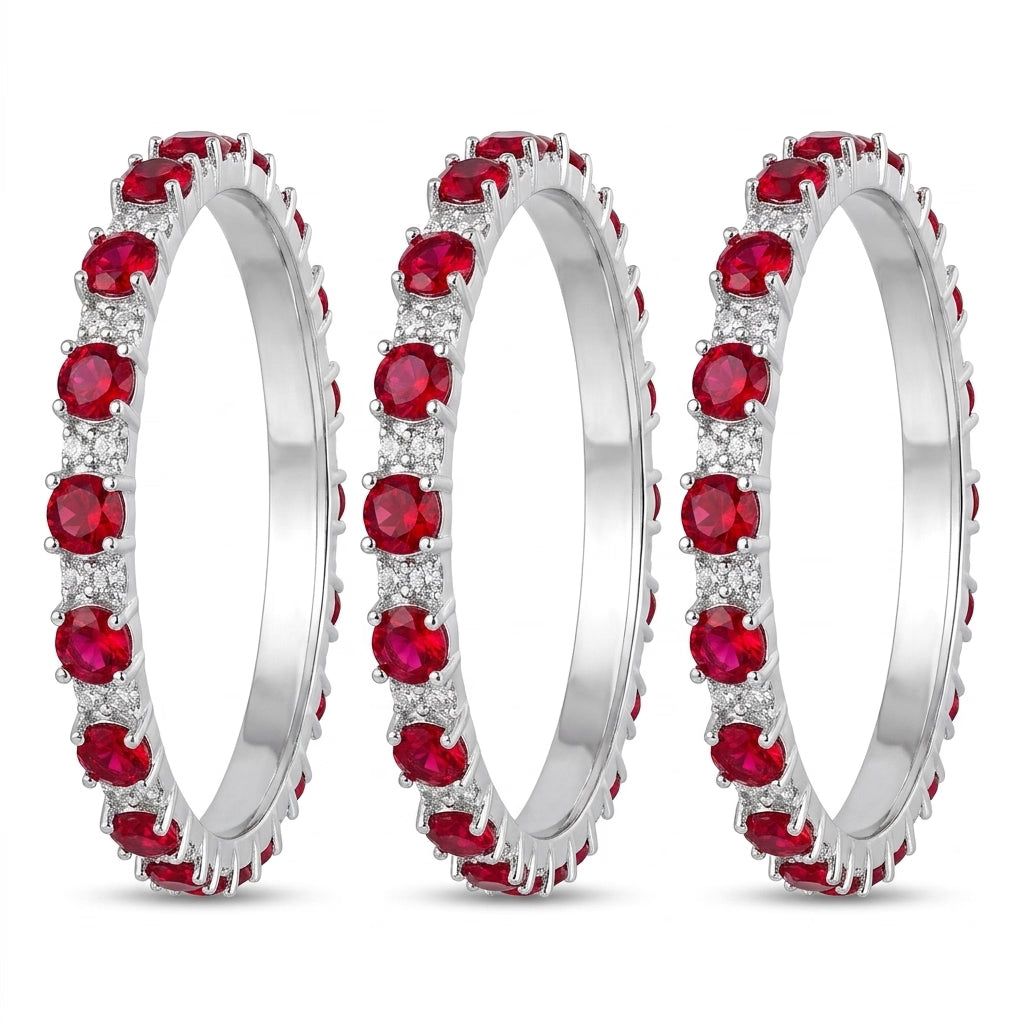 Silver Plated Ruby Red American Diamond Bangles Set for Women, Set of 4