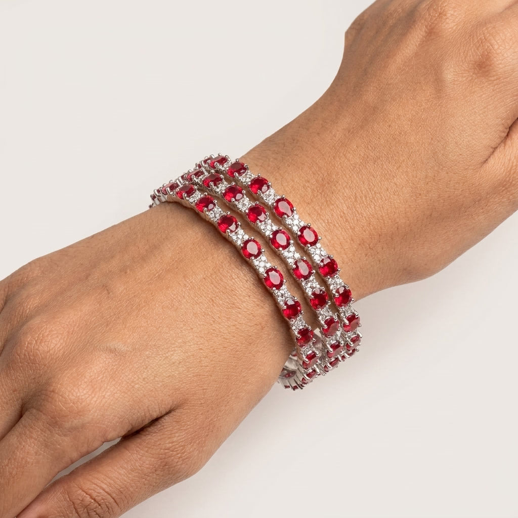 Silver Plated Ruby Red American Diamond Bangles Set for Women, Set of 4