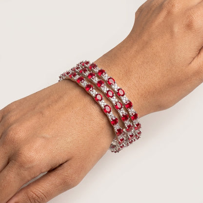 Silver Plated Ruby Red American Diamond Bangles Set for Women, Set of 4