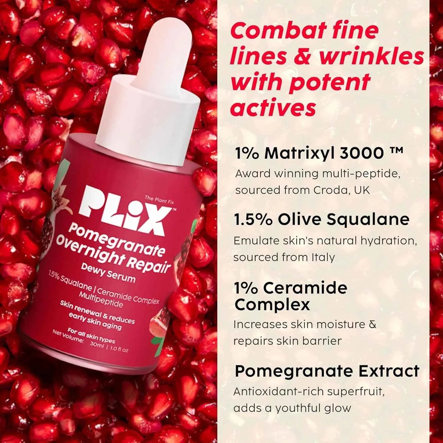 plix pomegranate overnight repair dewy serum | squalane, ceramide complex & multi peptide | anti-wrinkle & night skin renewal - gehna official