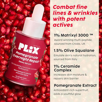 PLIX Pomegranate Overnight Repair Dewy Serum | Squalane, Ceramide Complex & Multi Peptide | Anti-Wrinkle & Night Skin Renewal - GEHNA OFFICIAL