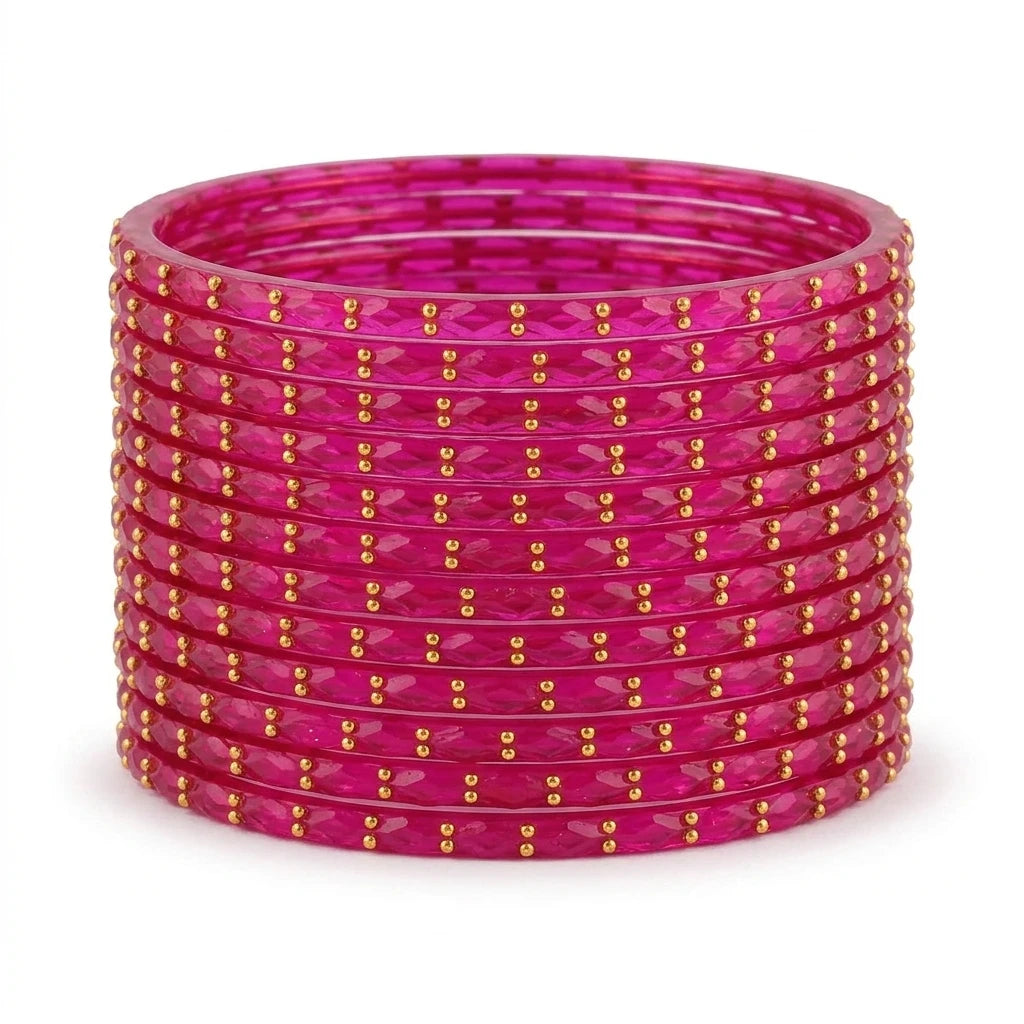 Raindrop Glass Bangles With Golden Beads, Traditional Indian Glass Chudi Set