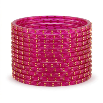 Raindrop Glass Bangles With Golden Beads, Traditional Indian Glass Chudi Set