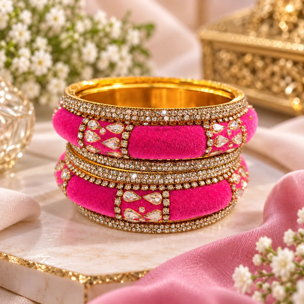Elegant Pink Velvet Kundan Bangles Set: 6 Stunning Pieces for Every Occasion