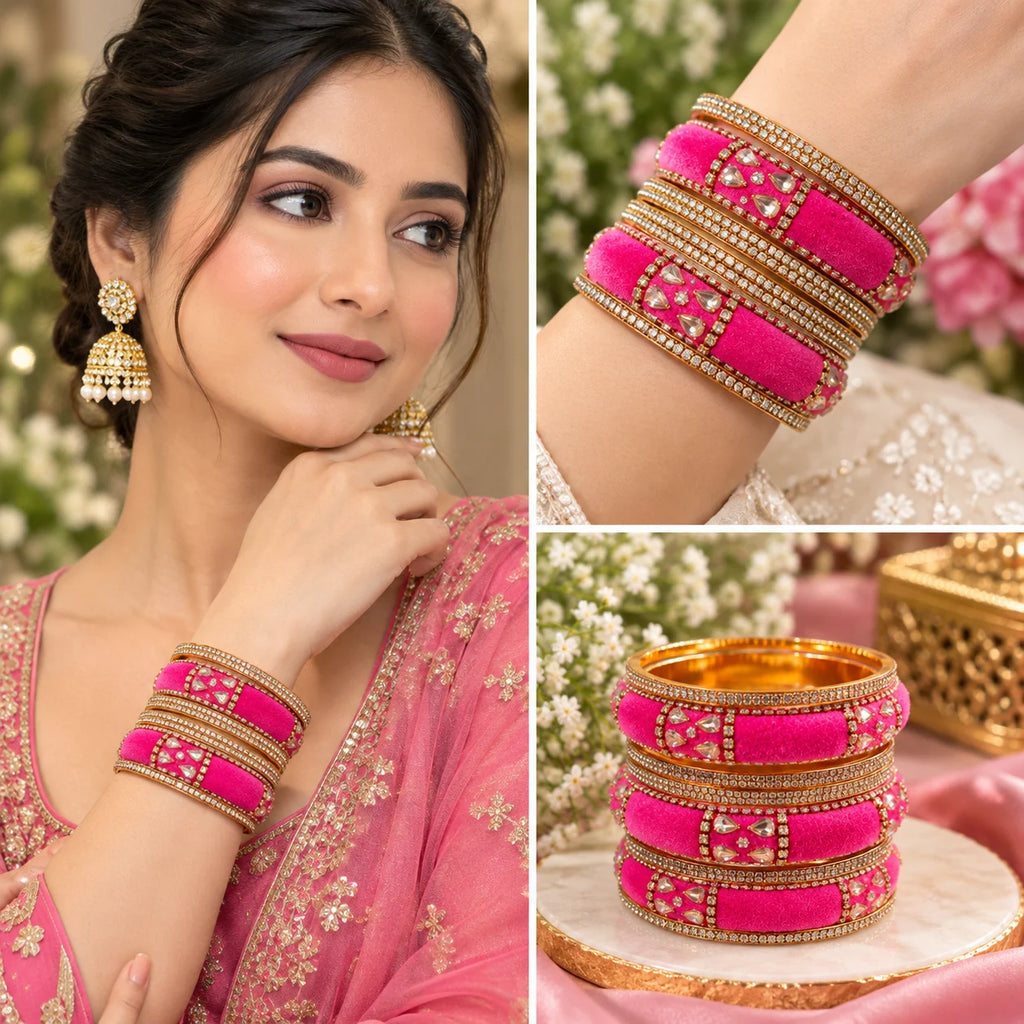 Elegant Pink Velvet Kundan Bangles Set: 6 Stunning Pieces for Every Occasion