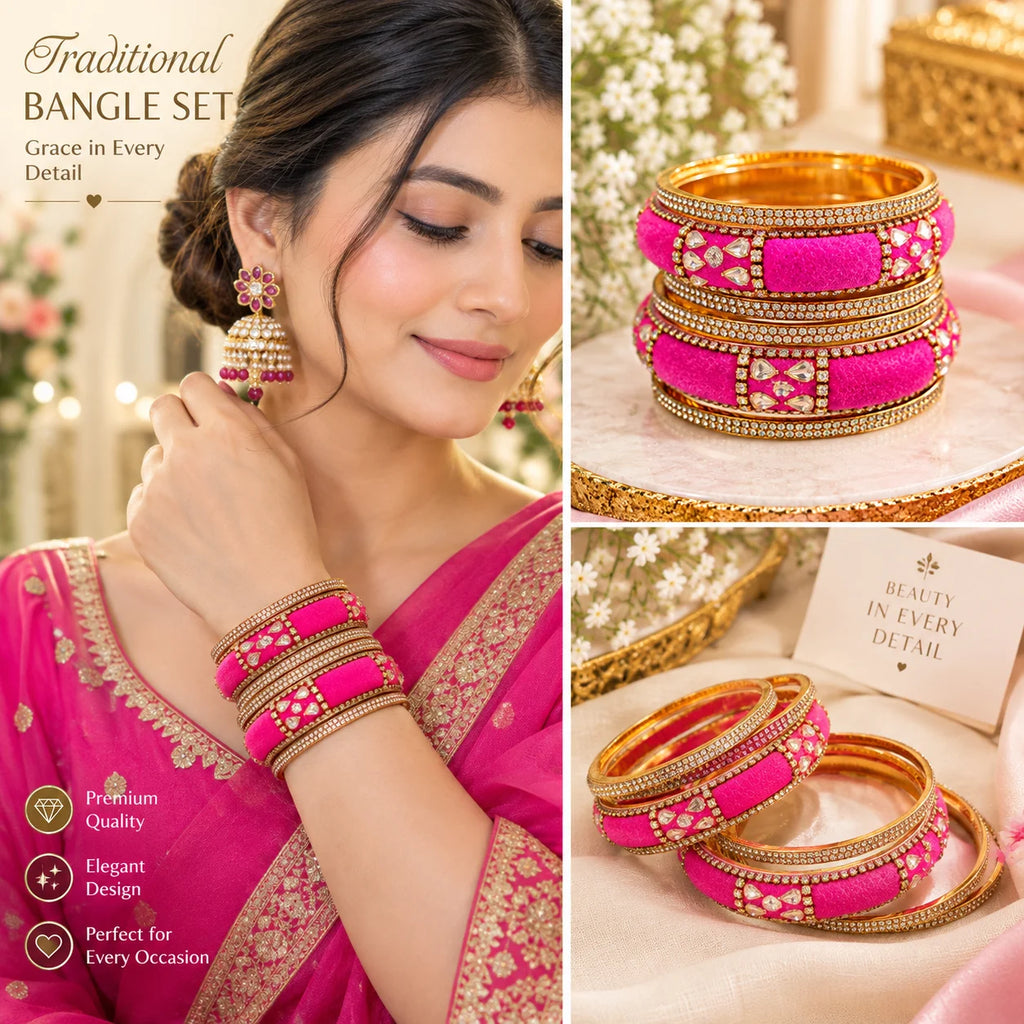 Elegant Pink Velvet Kundan Bangles Set: 6 Stunning Pieces for Every Occasion