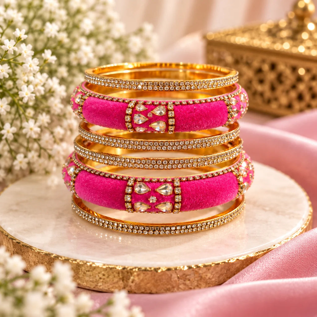 Elegant Pink Velvet Kundan Bangles Set: 6 Stunning Pieces for Every Occasion