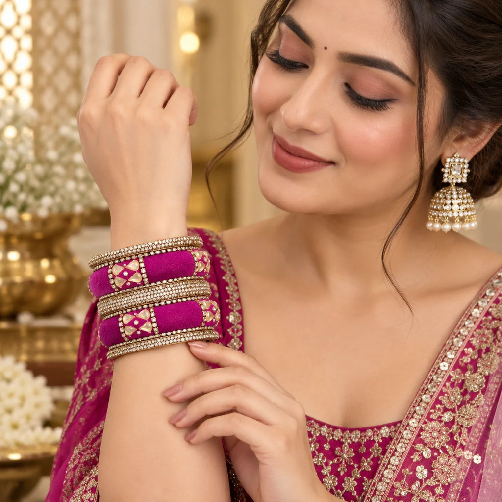 Rani Pink Velvet Kundan Stone Bangles Set for Women, 6 Pieces