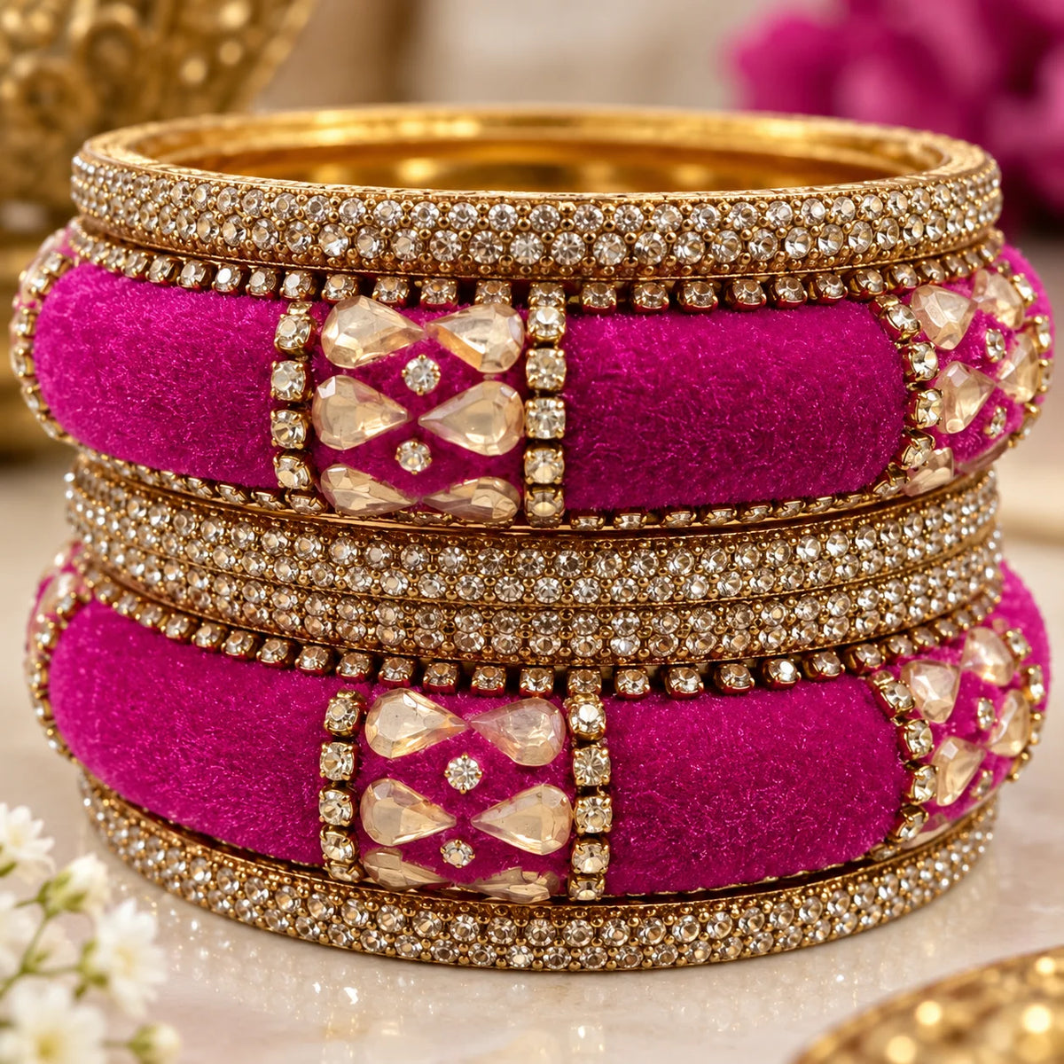 Rani Pink Velvet Kundan Stone Bangles Set for Women, 6 Pieces