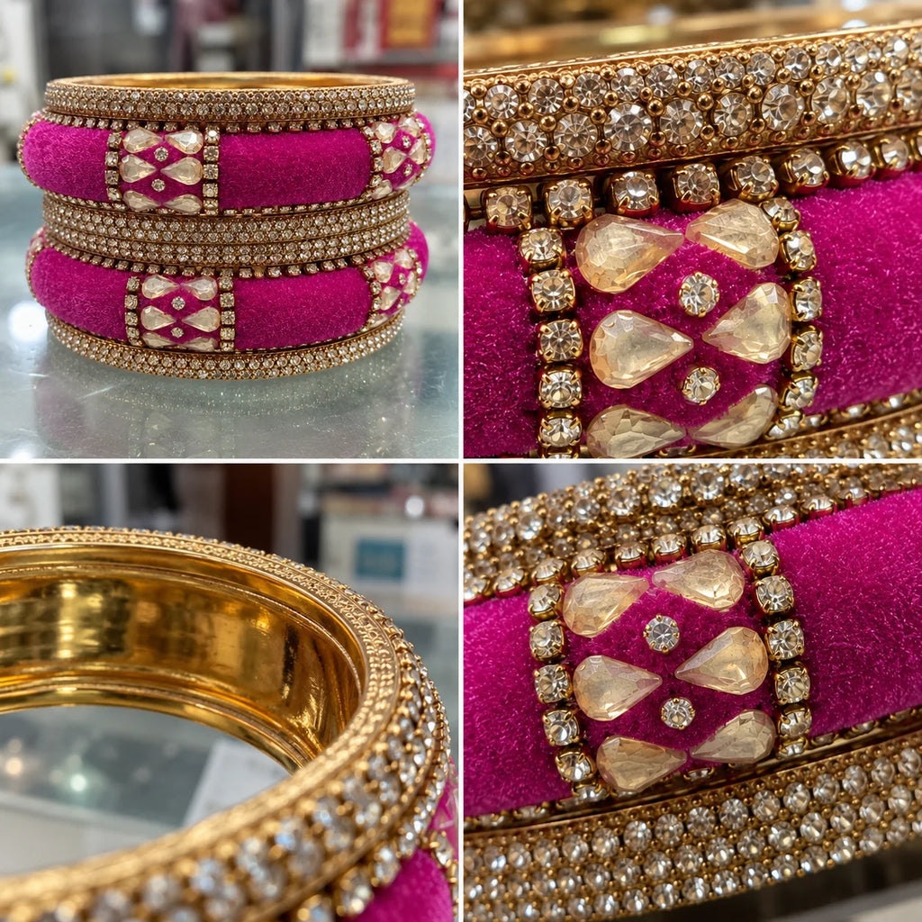 Rani Pink Velvet Kundan Stone Bangles Set for Women, 6 Pieces
