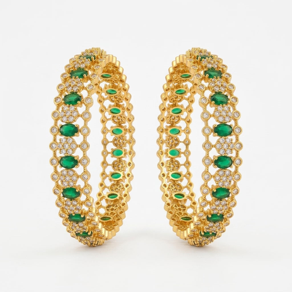 verdant royale emerald gold plated american diamond bangles for women | premium designer bangle pair