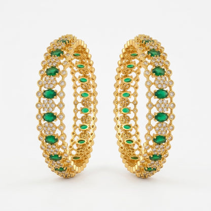 Verdant Royale Emerald Gold Plated American Diamond Bangles for Women | Premium Designer Bangle Pair