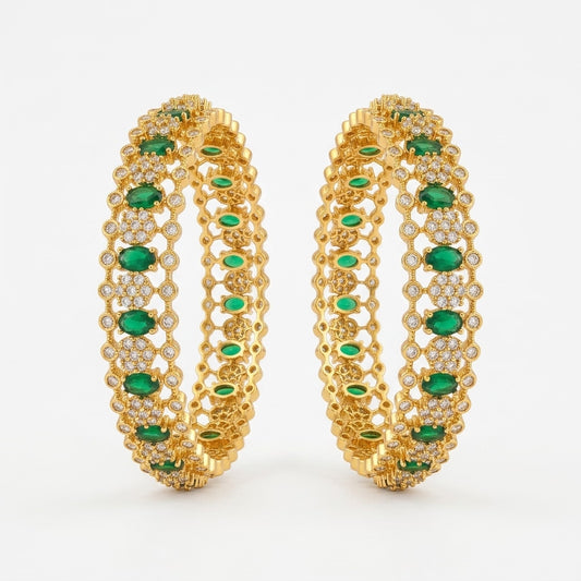 Verdant Royale Emerald Gold Plated American Diamond Bangles for Women | Premium Designer Bangle Pair
