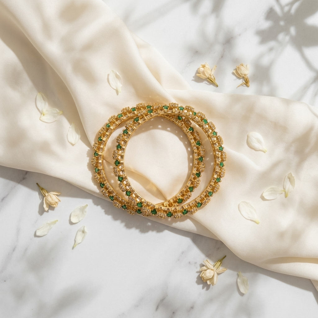 Verdant Royale Emerald Gold Plated American Diamond Bangles for Women | Premium Designer Bangle Pair