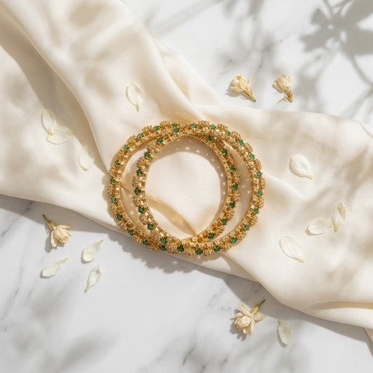 Verdant Royale Emerald Gold Plated American Diamond Bangles for Women | Premium Designer Bangle Pair
