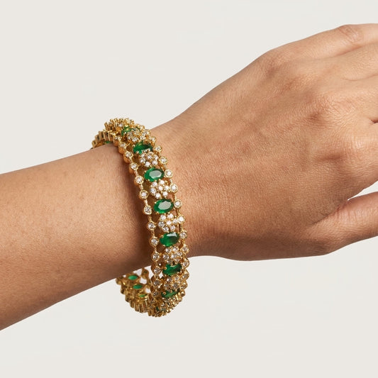 Verdant Royale Emerald Gold Plated American Diamond Bangles for Women | Premium Designer Bangle Pair