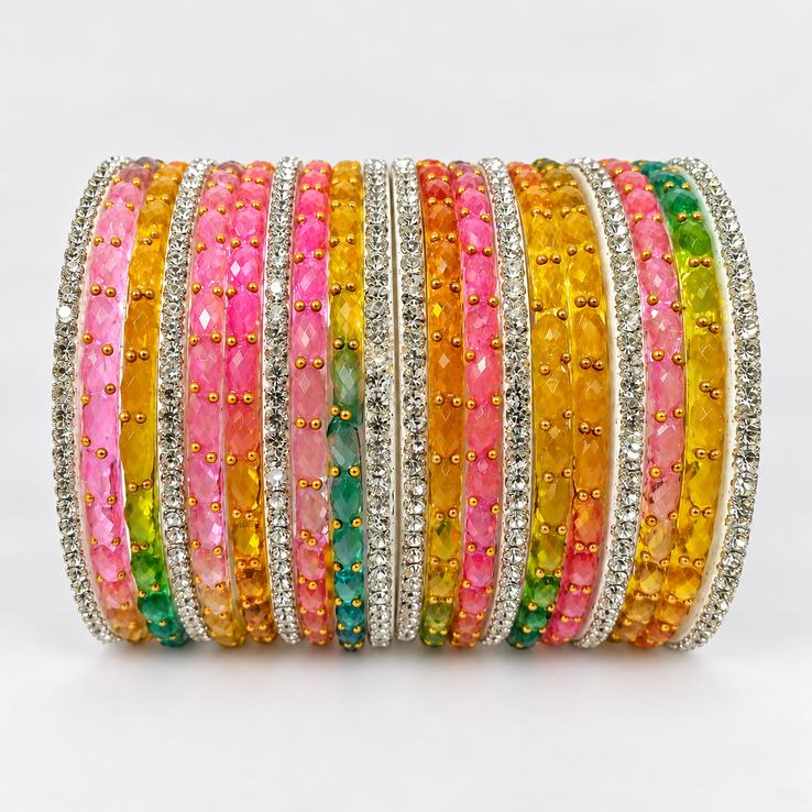 multicolor crystal bangles set for women front view on white background