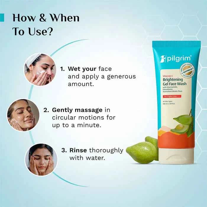 Pilgrim Vitamin C Brightening Gel Face Wash | With Niacinamide, Glutathione & Australian Kakadu Plum | Deep Cleansing Face Wash | All Skin Types | 100ml