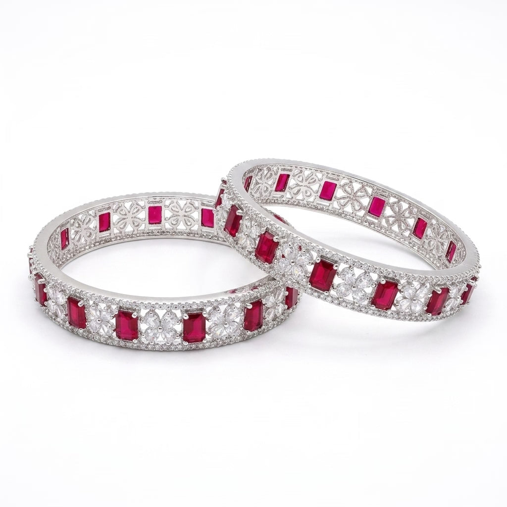 Silver Plated Ruby Red American Diamond Designer Bangles Set for Women