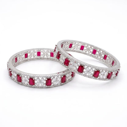 Silver Plated Ruby Red American Diamond Designer Bangles Set for Women