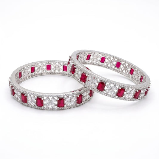 Silver Plated Ruby Red American Diamond Designer Bangles Set for Women