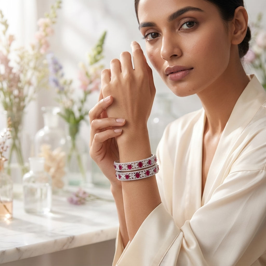 Silver Plated Ruby Red American Diamond Designer Bangles Set for Women