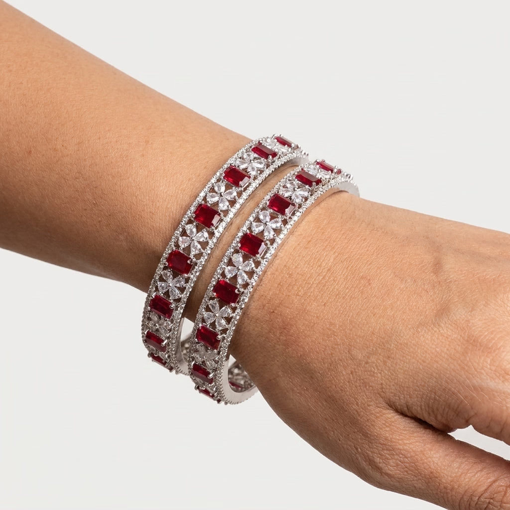 Silver Plated Ruby Red American Diamond Designer Bangles Set for Women
