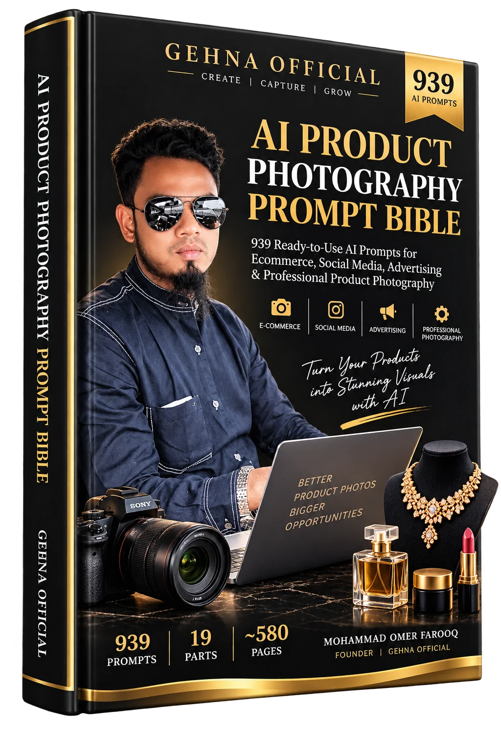 ai product photography prompt bible ebook cover with 939 ai prompts - gehna official