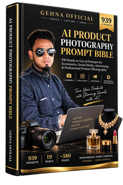 AI Product Photography Prompt Bible ebook cover with 939 AI prompts - GEHNA OFFICIAL