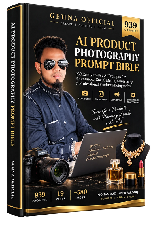 AI Product Photography Prompt Bible ebook cover with 939 AI prompts - GEHNA OFFICIAL