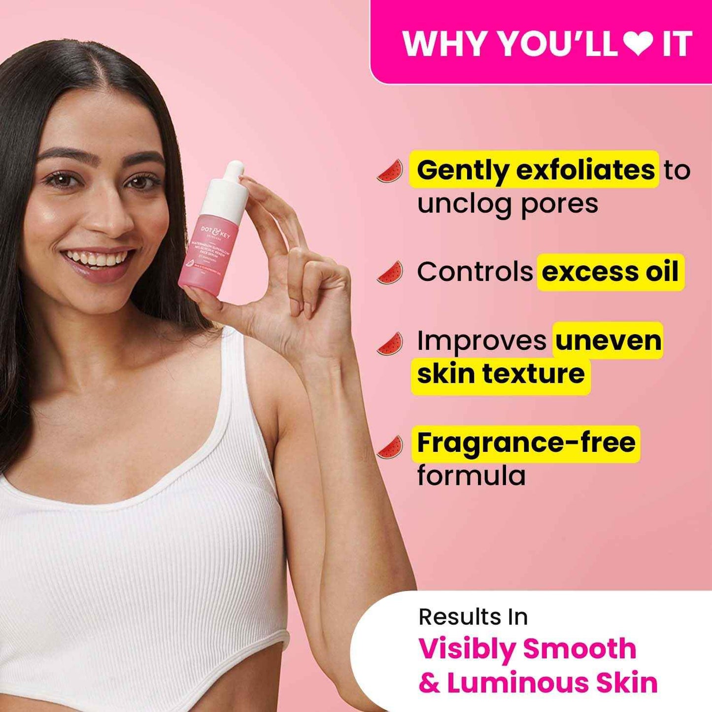dot & key watermelon + 10% glycolic gentle exfoliating face serum with kojic acid | hyaluronic acid & cloudberry oil 30ml - gehna official