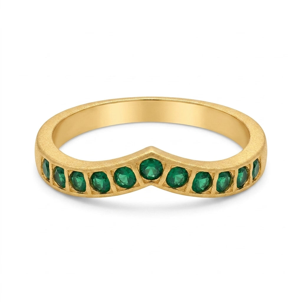 Emerald Green V Shape Gold Plated Ring for Women | Minimalist Designer Band Ring