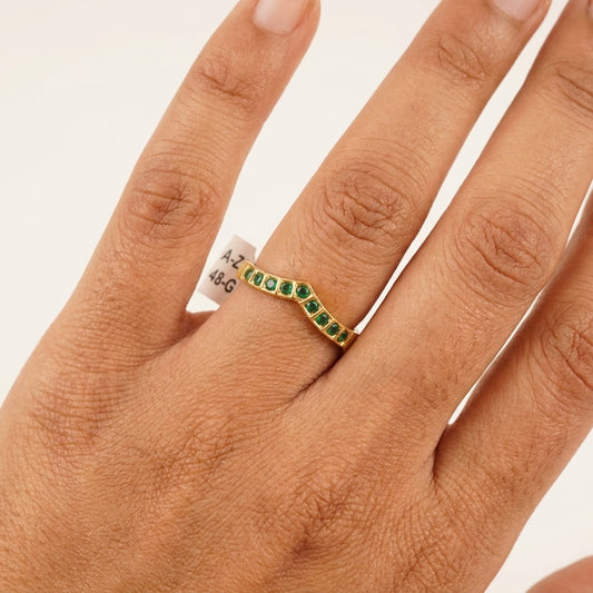 Emerald Green V Shape Gold Plated Ring for Women | Minimalist Designer Band Ring