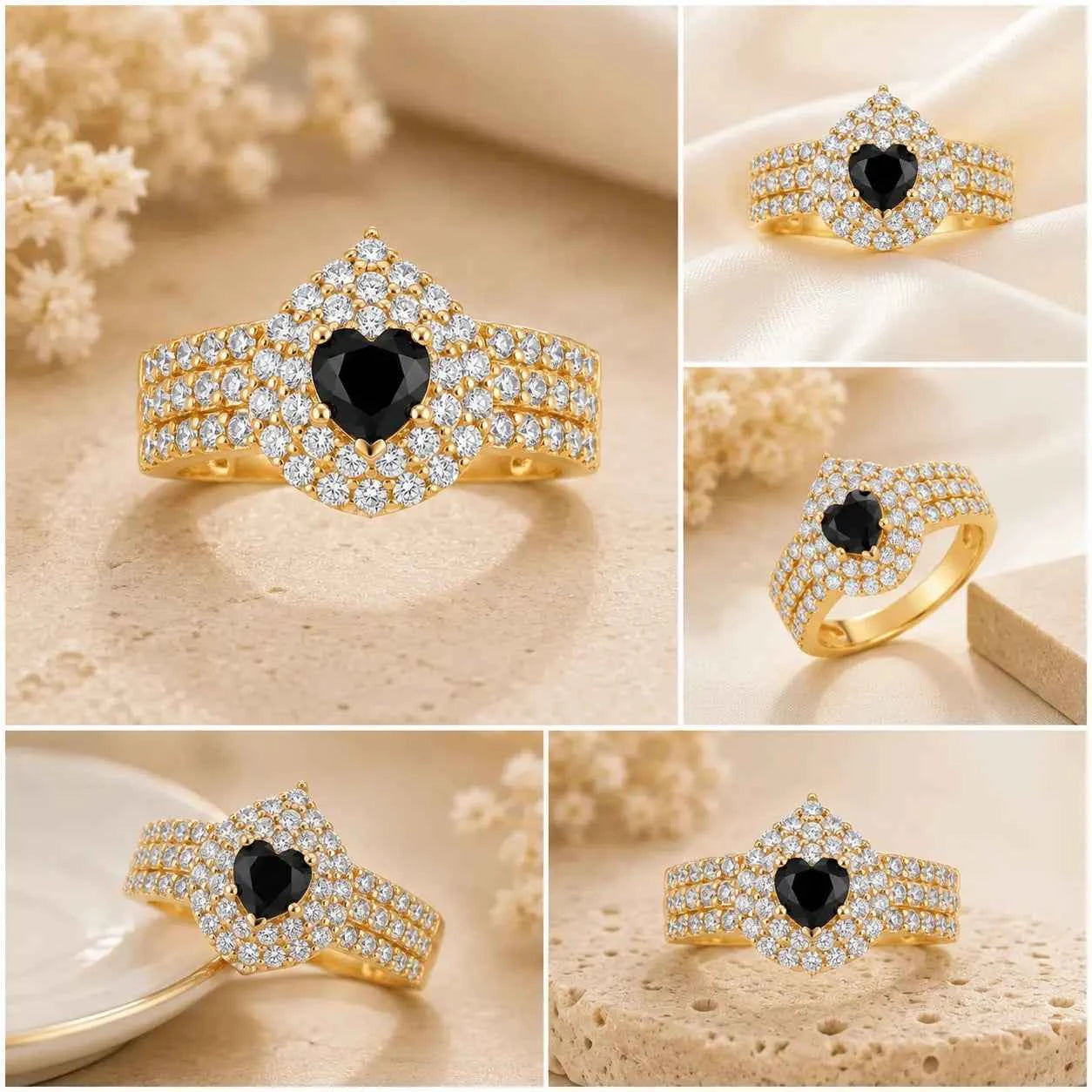 gehna official gold plated ring featuring a black heart shaped stone surrounded by sparkling white zircon accents.