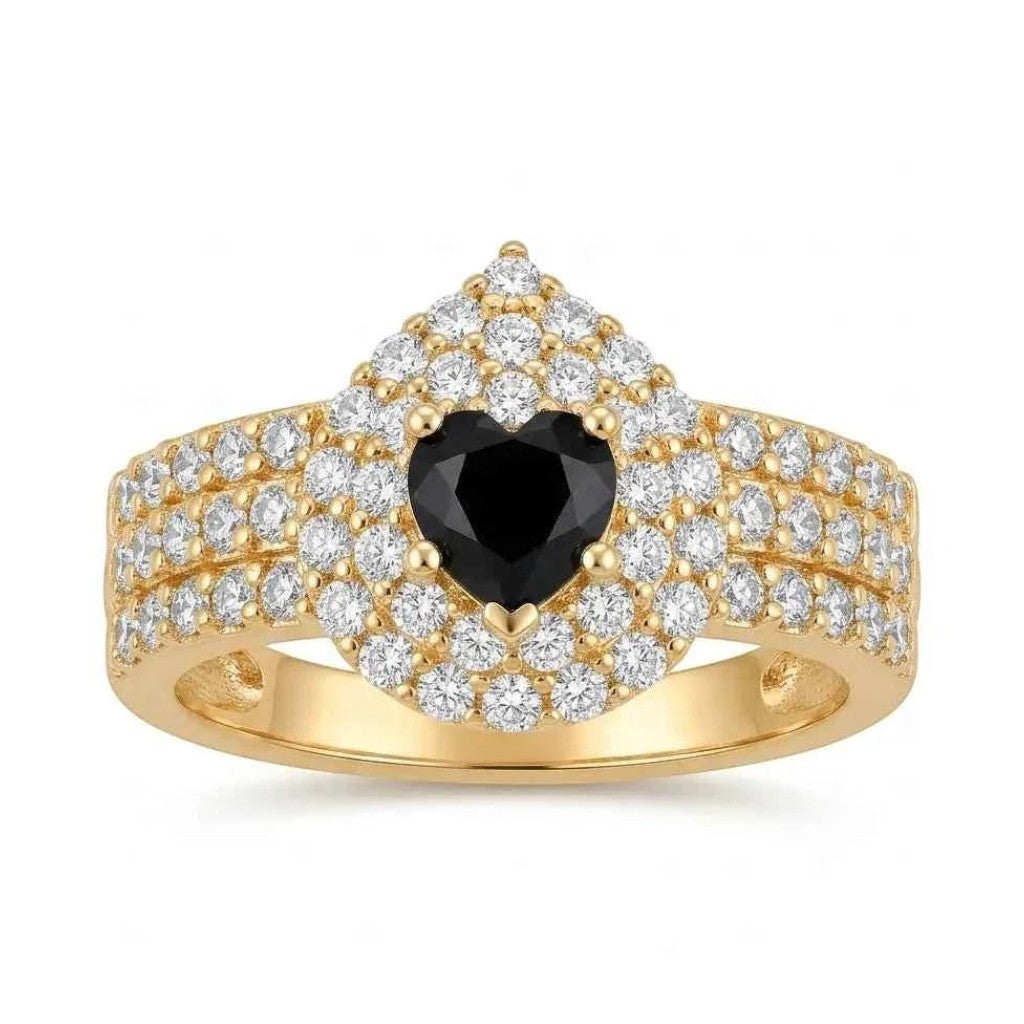 GEHNA OFFICIAL gold plated ring featuring a black heart shaped stone surrounded by sparkling white zircon accents