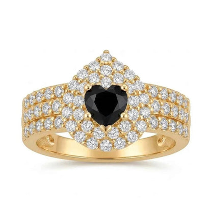 GEHNA OFFICIAL gold plated ring featuring a black heart shaped stone surrounded by sparkling white zircon accents