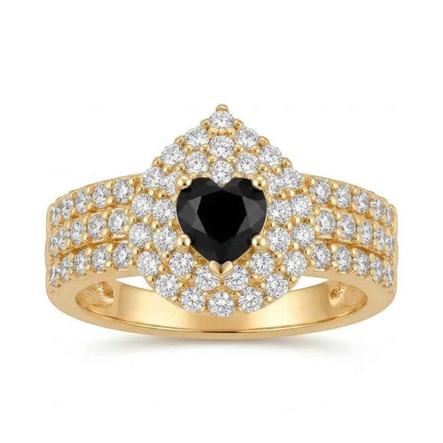 GEHNA OFFICIAL gold plated ring featuring a black heart shaped stone surrounded by sparkling white zircon accents
