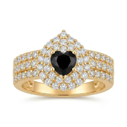 GEHNA OFFICIAL gold plated ring featuring a black heart shaped stone surrounded by sparkling white zircon accents