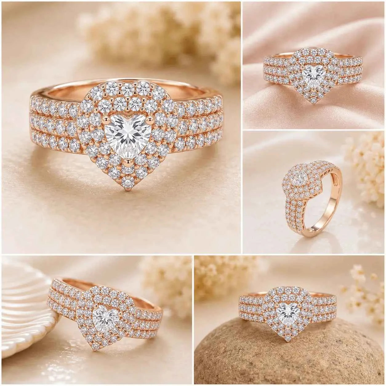 GEHNA OFFICIAL gold plated ring featuring a white heart-shaped stone surrounded by sparkling zircon accents