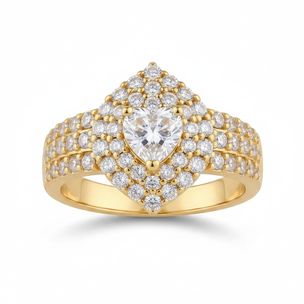 GEHNA OFFICIAL gold plated ring featuring a white heart-shaped stone surrounded by sparkling zircon accents