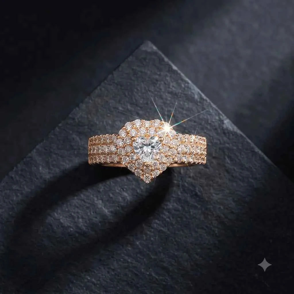 GEHNA OFFICIAL gold plated ring featuring a sparkling white heart-shaped stone surrounded by zircon accents.