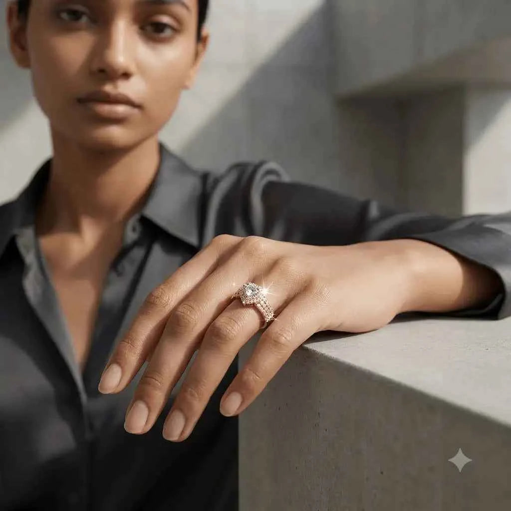 GEHNA OFFICIAL gold plated ring with a white heart shaped stone and zircon accents worn on a woman's finger